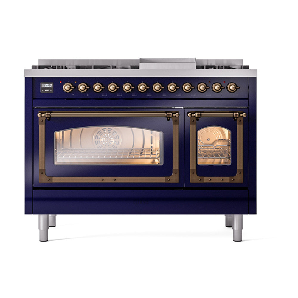ILVE Nostalgie II Noblesse 48-Inch Freestanding Dual Fuel Range, Midnight Blue with Burnished Bronze Trim (UN48FNMPMBBLP)