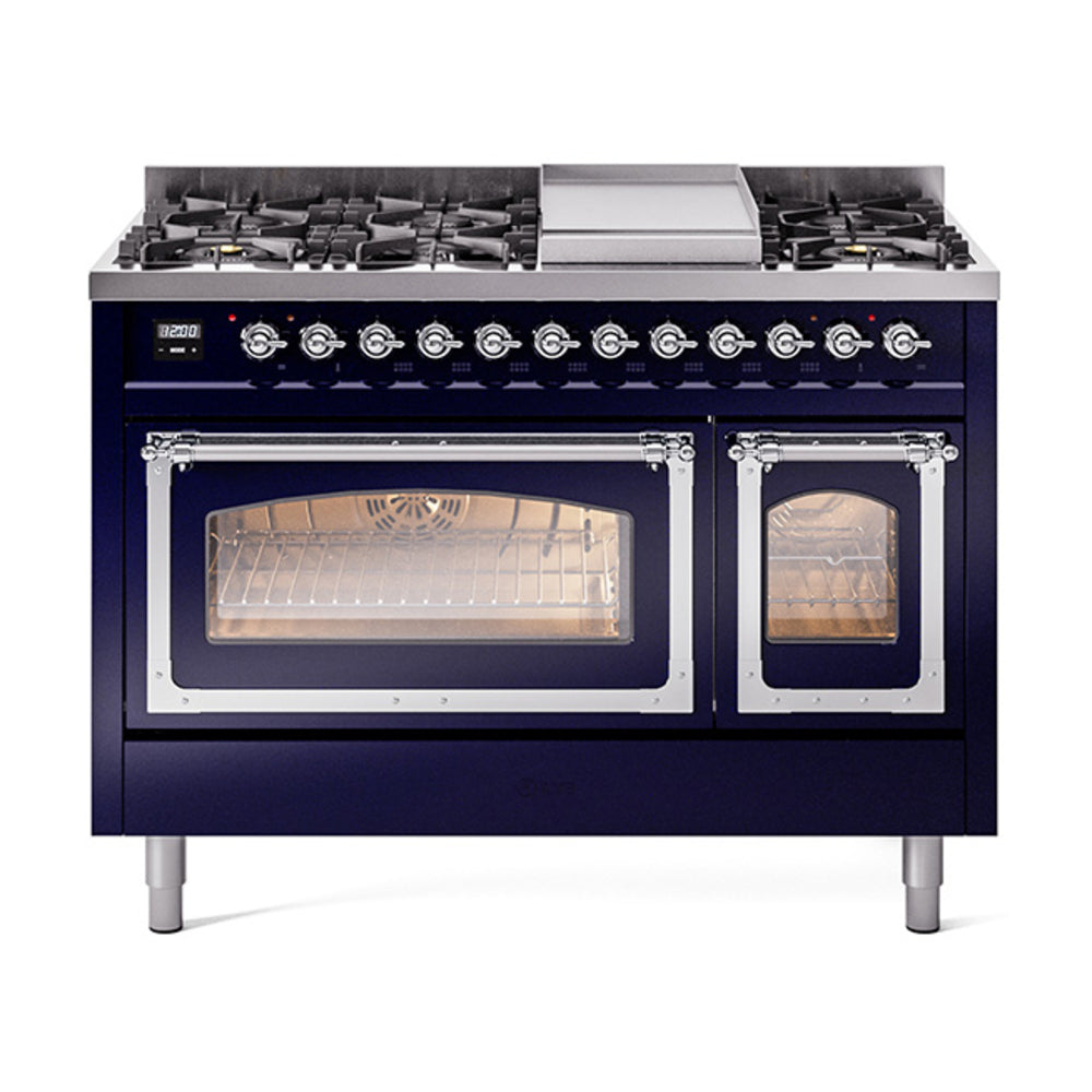 ILVE Nostalgie II Noblesse 48-Inch Freestanding Dual Fuel Range, Midnight Blue with Chrome Trim (UN48FNMPMBCLP)