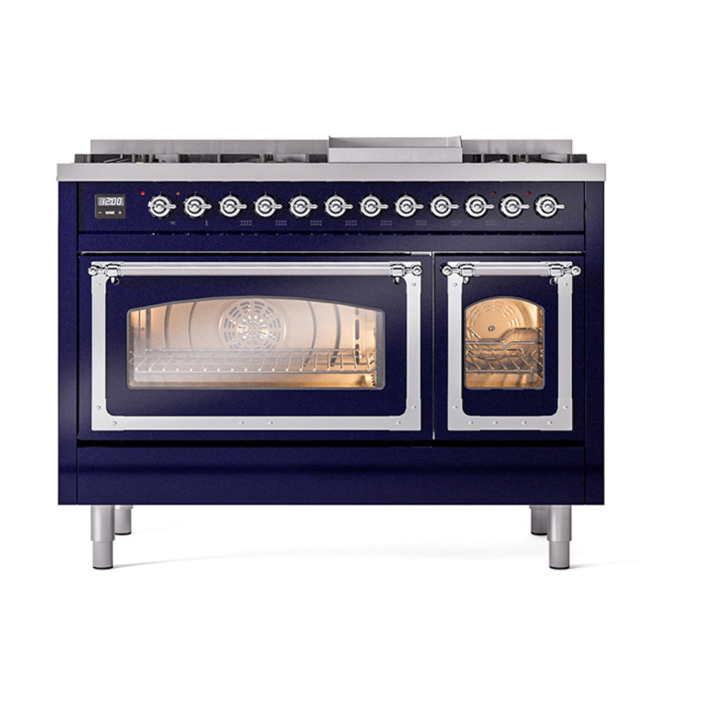 ILVE Nostalgie II Noblesse 48-Inch Freestanding Dual Fuel Range, Midnight Blue with Chrome Trim (UN48FNMPMBCLP)