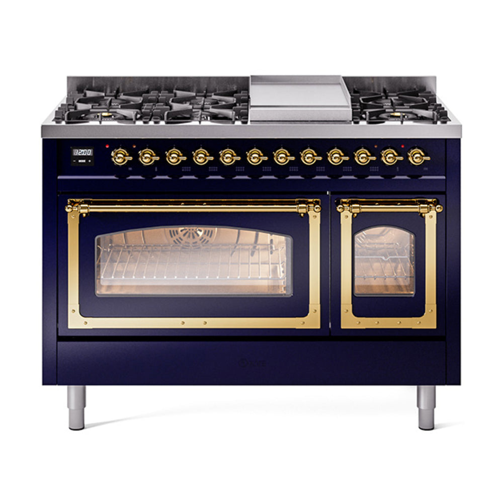 ILVE Nostalgie II Noblesse 48-Inch Freestanding Natural Gas Dual Fuel Range, Midnight Blue with Brass Trim (UN48FNMPMBG)
