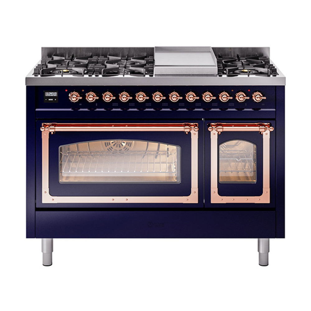 ILVE Nostalgie II Noblesse 48-Inch Freestanding Dual Fuel Range, Midnight Blue with Copper Trim (UN48FNMPMBPLP)