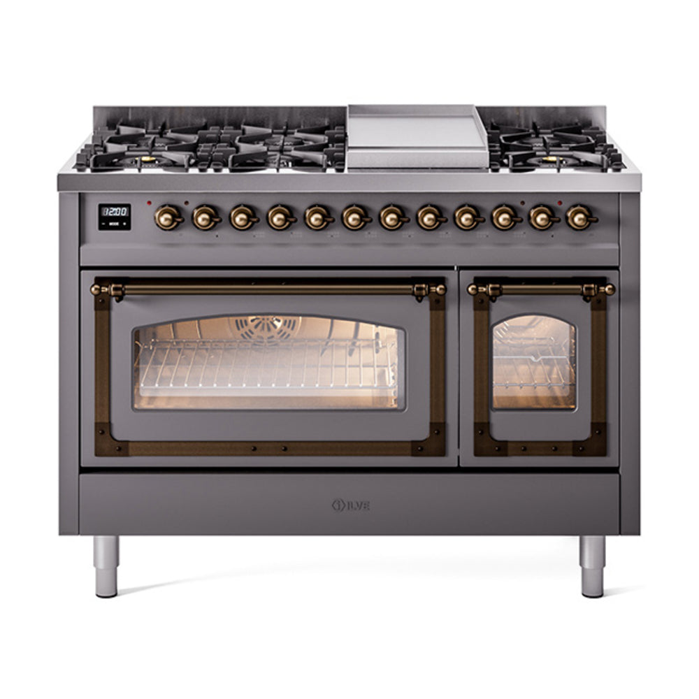 ILVE Nostalgie II Noblesse 48-Inch Freestanding Natural Gas Dual Fuel Range, Matte Graphite with Burnished Bronze Trim (UN48FNMPMGB)