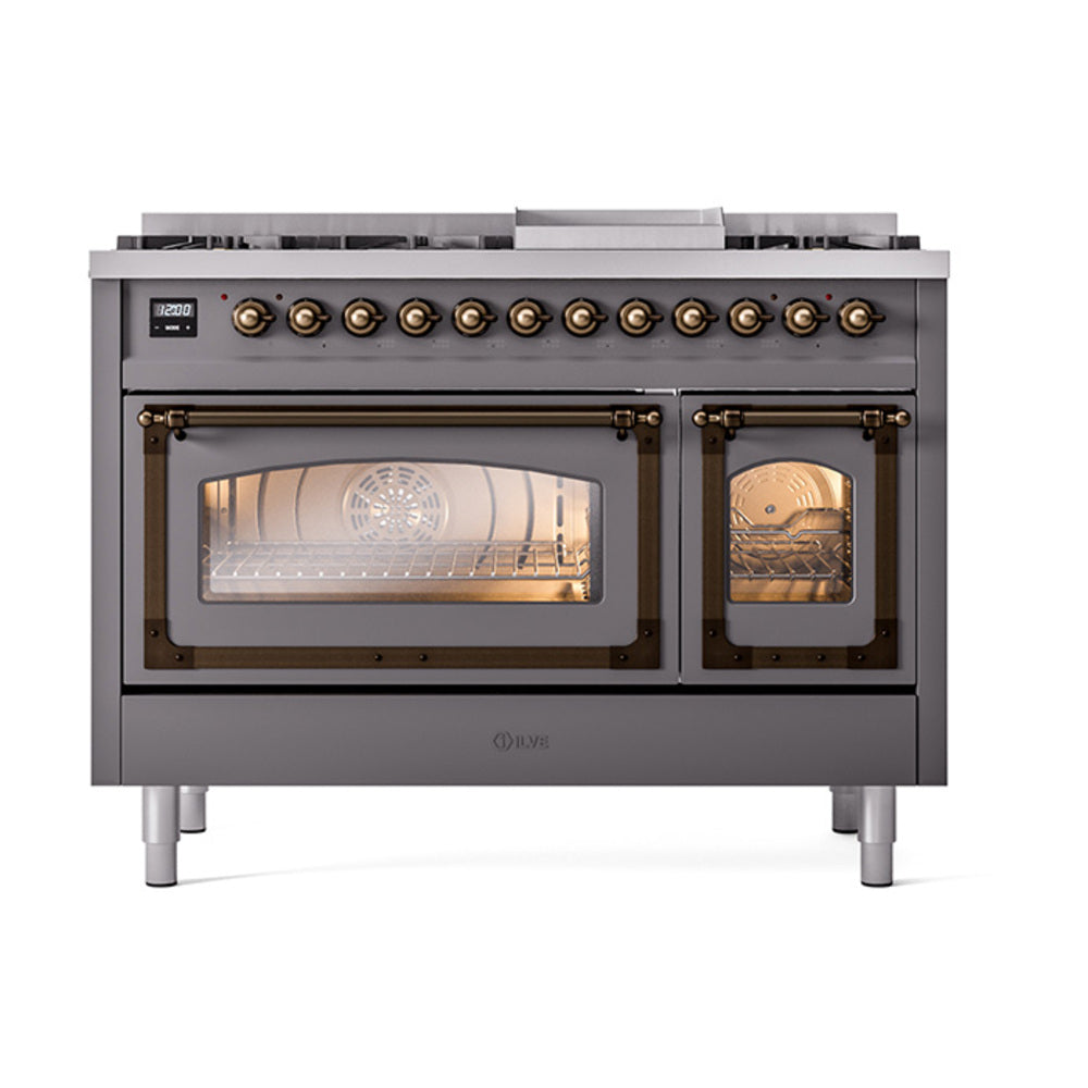 ILVE Nostalgie II Noblesse 48-Inch Freestanding Natural Gas Dual Fuel Range, Matte Graphite with Burnished Bronze Trim (UN48FNMPMGB)