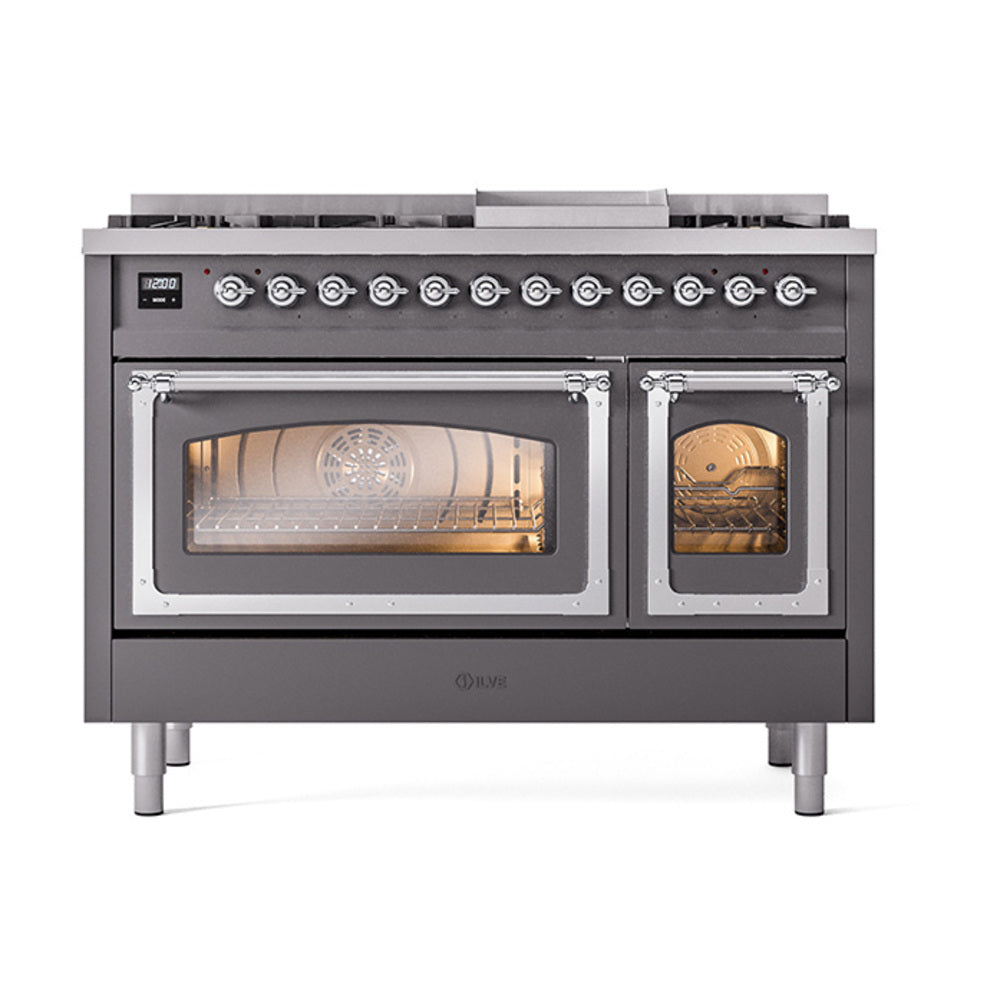 ILVE Nostalgie II Noblesse 48-Inch Freestanding Natural Gas Dual Fuel Range, Matte Graphite with Chrome Trim (UN48FNMPMGC)
