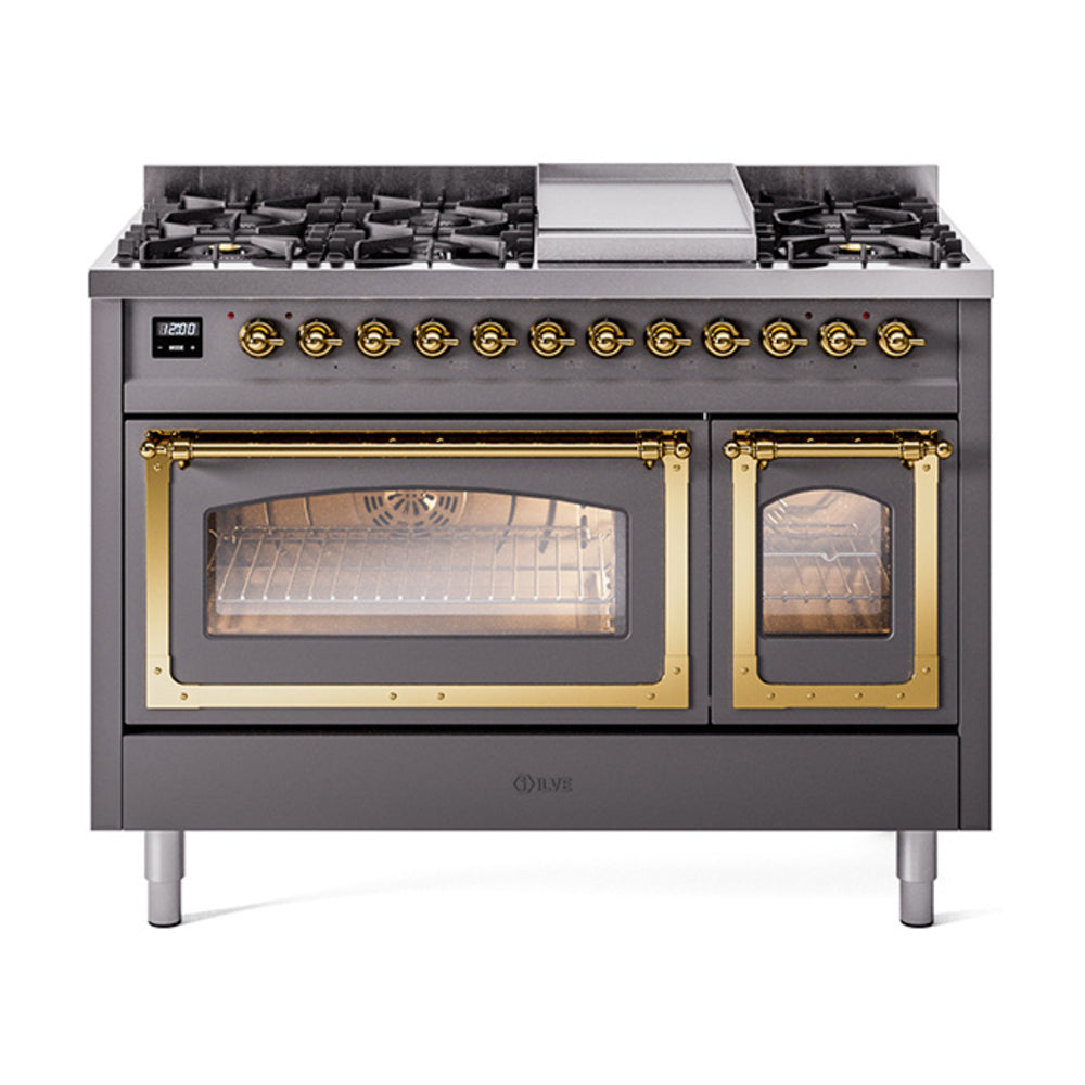 ILVE Nostalgie II Noblesse 48-Inch Freestanding Dual Fuel Range, Matte Graphite with Brass Trim (UN48FNMPMGGLP)