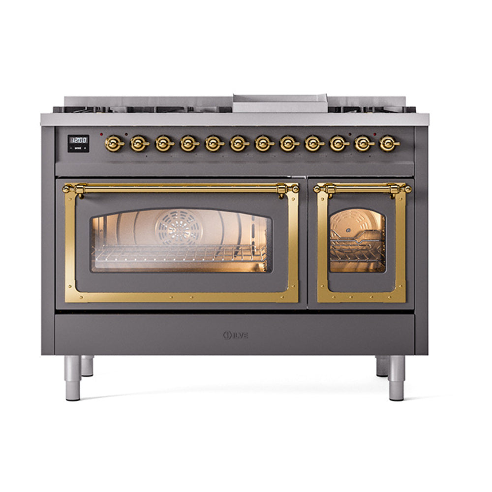 ILVE Nostalgie II Noblesse 48-Inch Freestanding Dual Fuel Range, Matte Graphite with Brass Trim (UN48FNMPMGGLP)