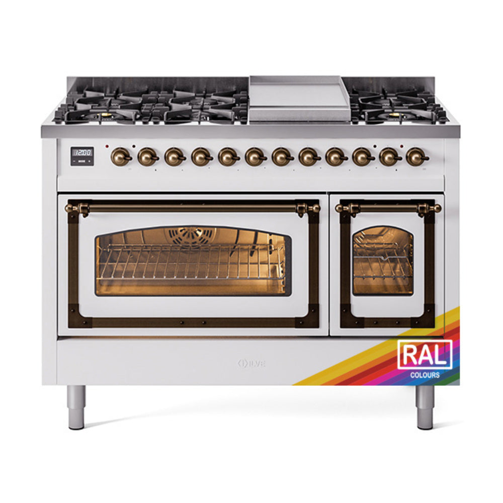 ILVE Nostalgie II Noblesse 48-Inch Freestanding Natural Gas Dual Fuel Range, Custom RAL with Burnished Bronze Trim (UN48FNMPRAB)