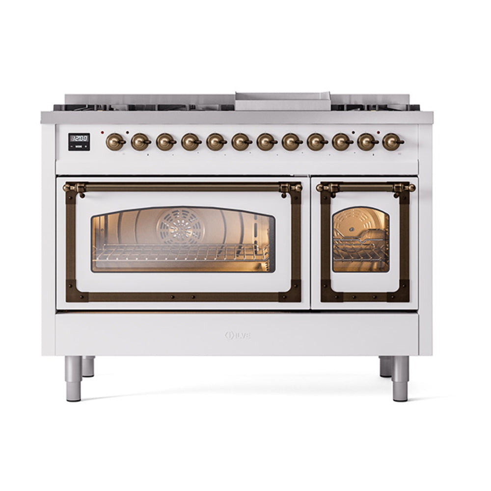 ILVE Nostalgie II Noblesse 48-Inch Freestanding Natural Gas Dual Fuel Range, Custom RAL with Burnished Bronze Trim (UN48FNMPRAB)