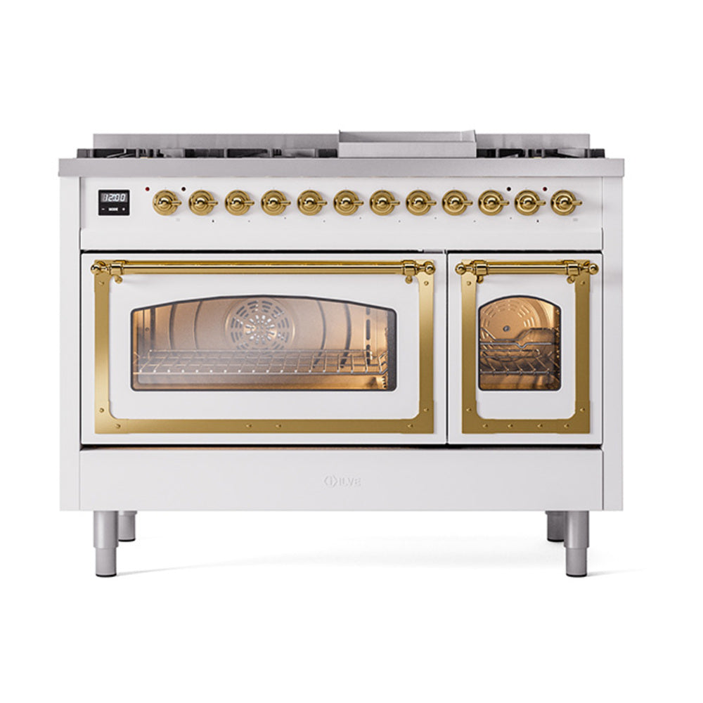 ILVE Nostalgie II Noblesse 48-Inch Freestanding Natural Gas Dual Fuel Range, RAL with Brass Trim (UN48FNMPRAG)