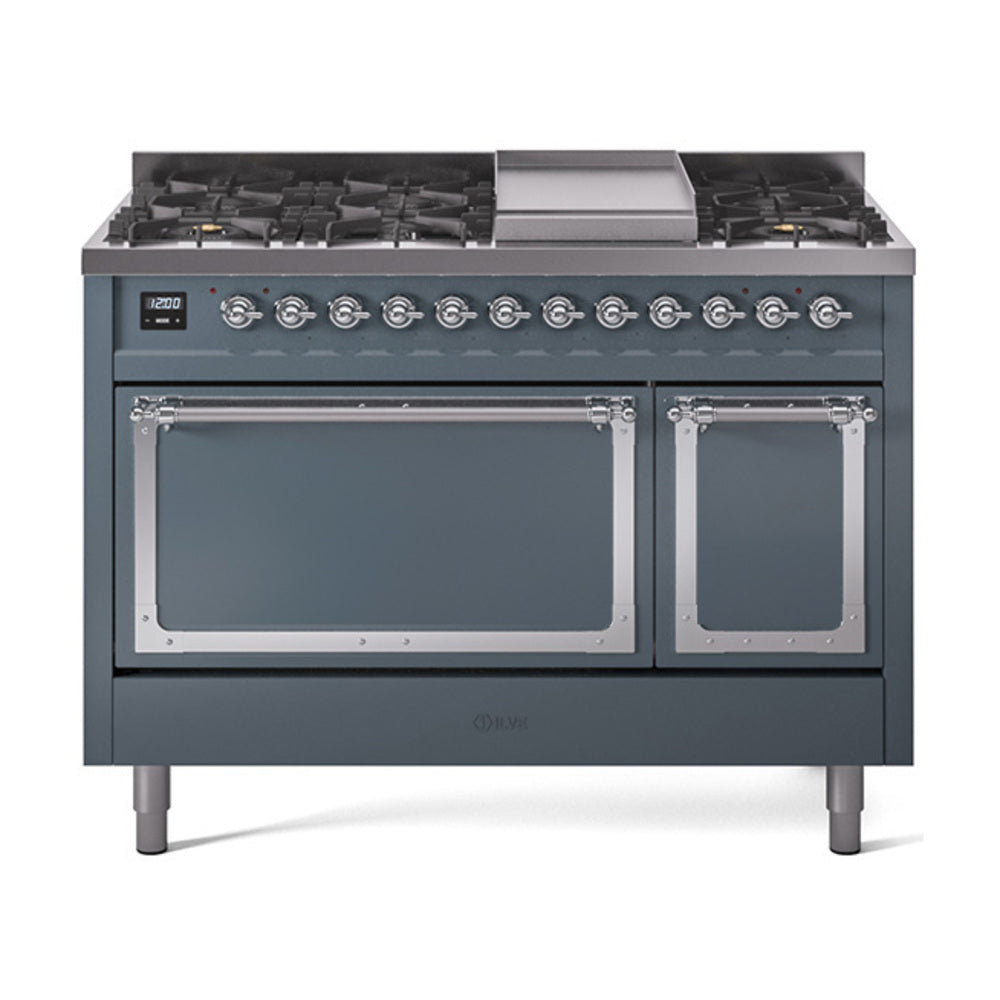ILVE Nostalgie II Noblesse 48-Inch Freestanding Natural Gas Dual Fuel Range, Solid Door, Blue Grey with Chrome Trim (UN48FQNMPBGC)