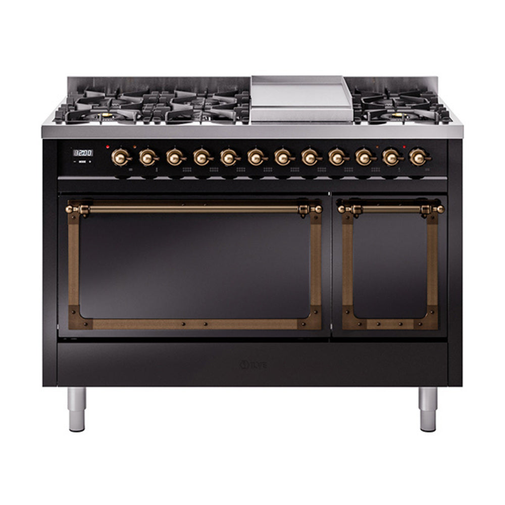 ILVE Nostalgie II Noblesse 48-Inch Freestanding Dual Fuel Range, Solid Door, Glossy Black with Burnished Bronze Trim (UN48FQNMPBKBLP)