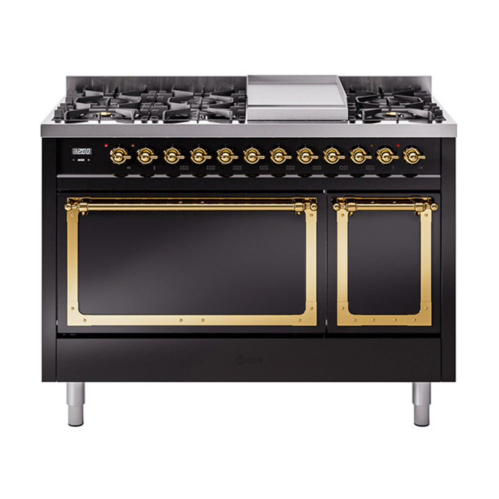 ILVE Nostalgie II Noblesse 48-Inch Freestanding Natural Gas Dual Fuel Range, Solid Door, Glossy Black with Brass Trim (UN48FQNMPBKG)