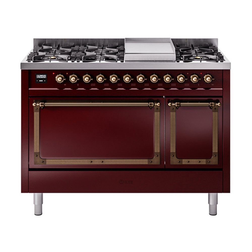 ILVE Nostalgie II Noblesse 48-Inch Freestanding Dual Fuel Range, Solid Door, Burgundy with Burnished Bronze Trim (UN48FQNMPBUBLP)