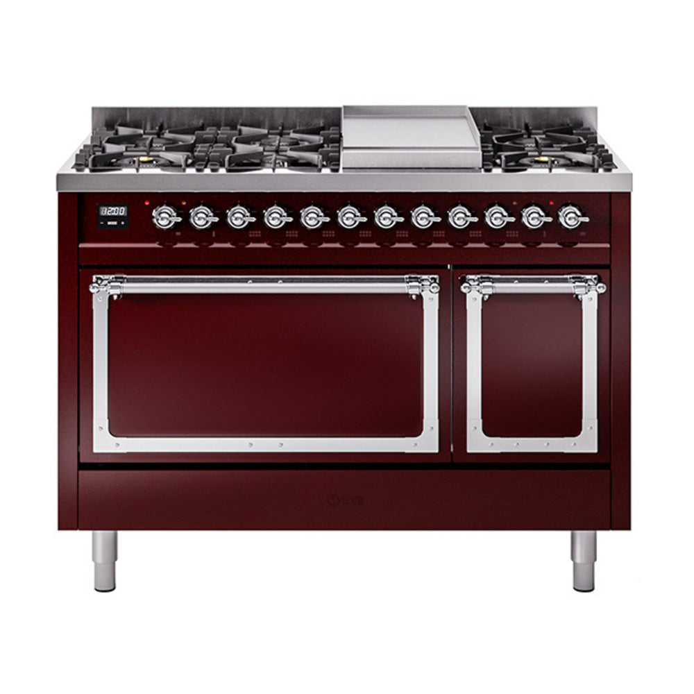 ILVE Nostalgie II Noblesse 48-Inch Freestanding Dual Fuel Range, Solid Door, Burgundy with Chrome Trim (UN48FQNMPBUCLP)