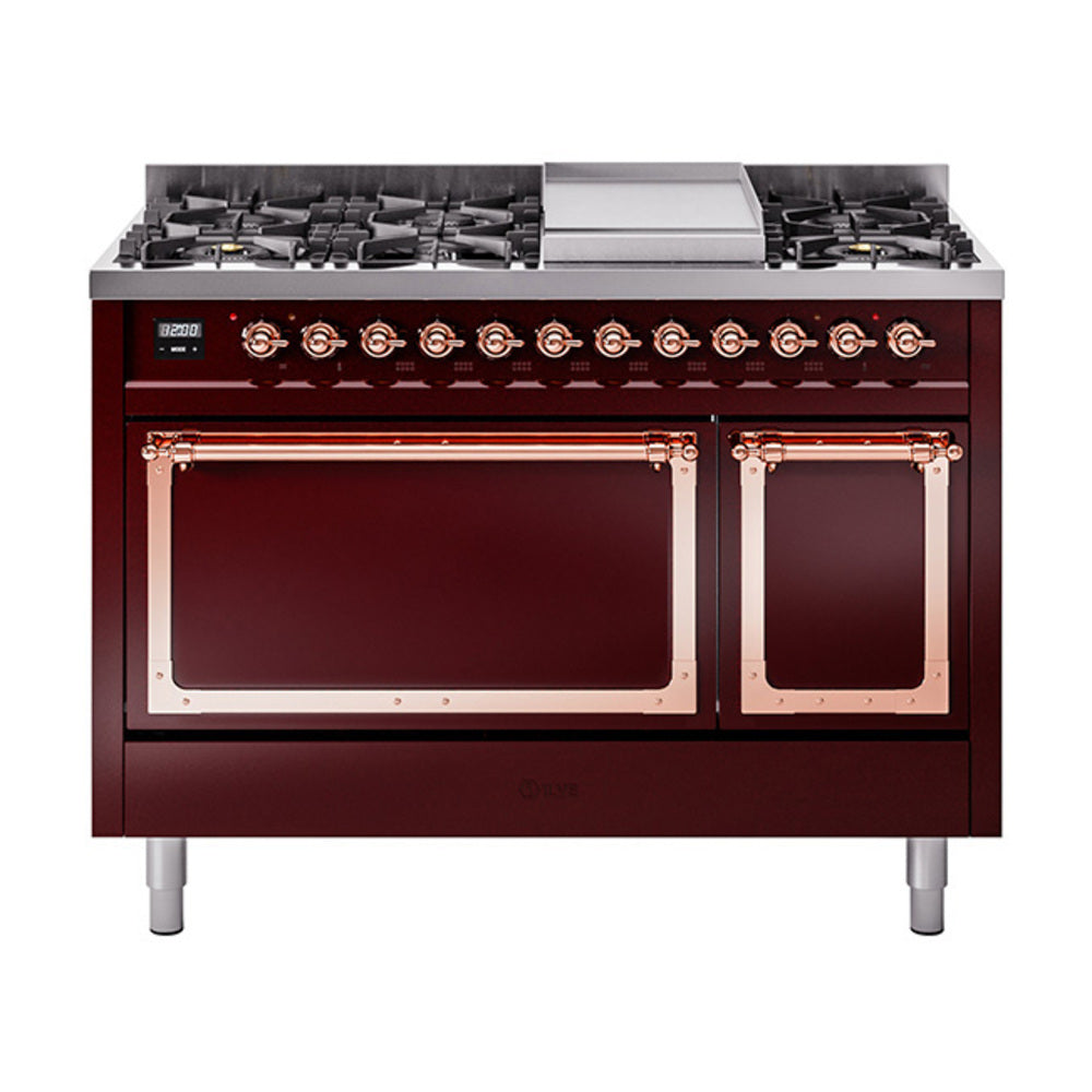 ILVE Nostalgie II Noblesse 48-Inch Freestanding Natural Gas Dual Fuel Range, Solid Door, Burgundy with Copper Trim (UN48FQNMPBUP)