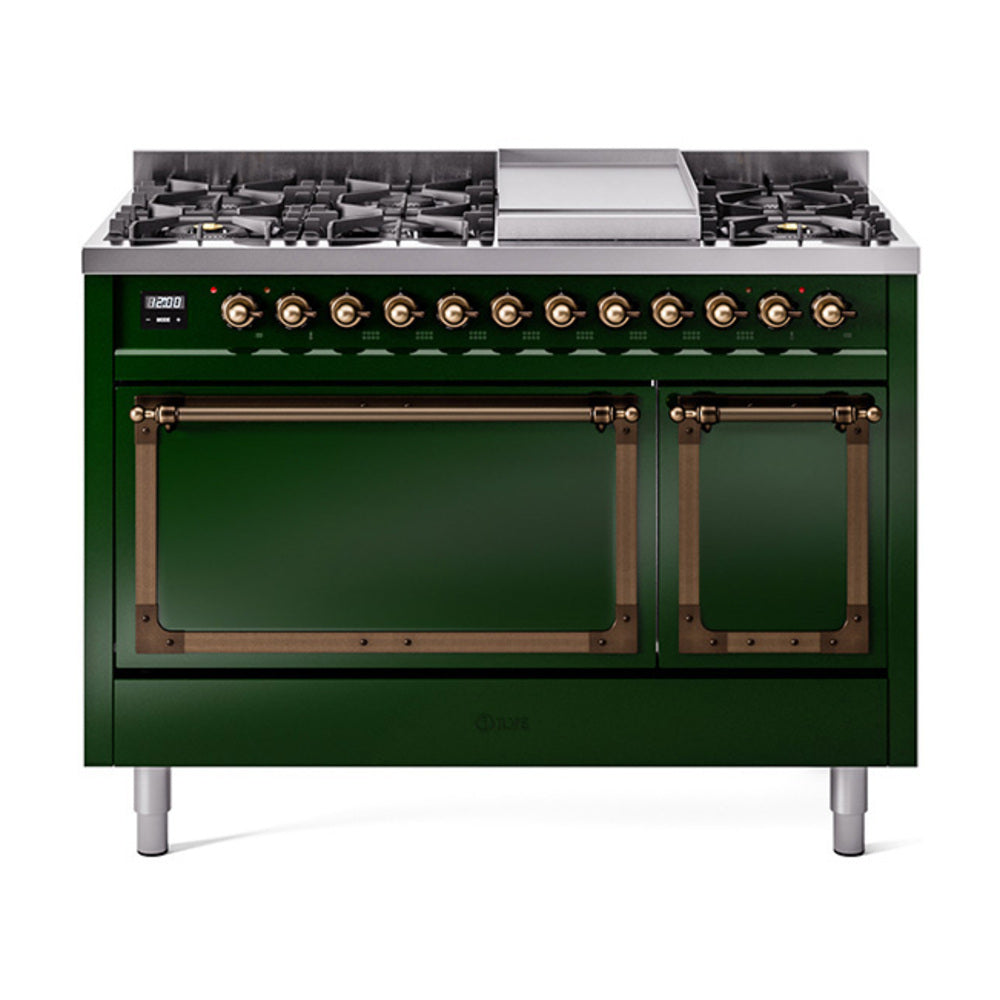 ILVE Nostalgie II Noblesse 48-Inch Freestanding Natural Gas Dual Fuel Range, Solid Door, Emerald Green with Burnished Bronze Trim (UN48FQNMPEGB)