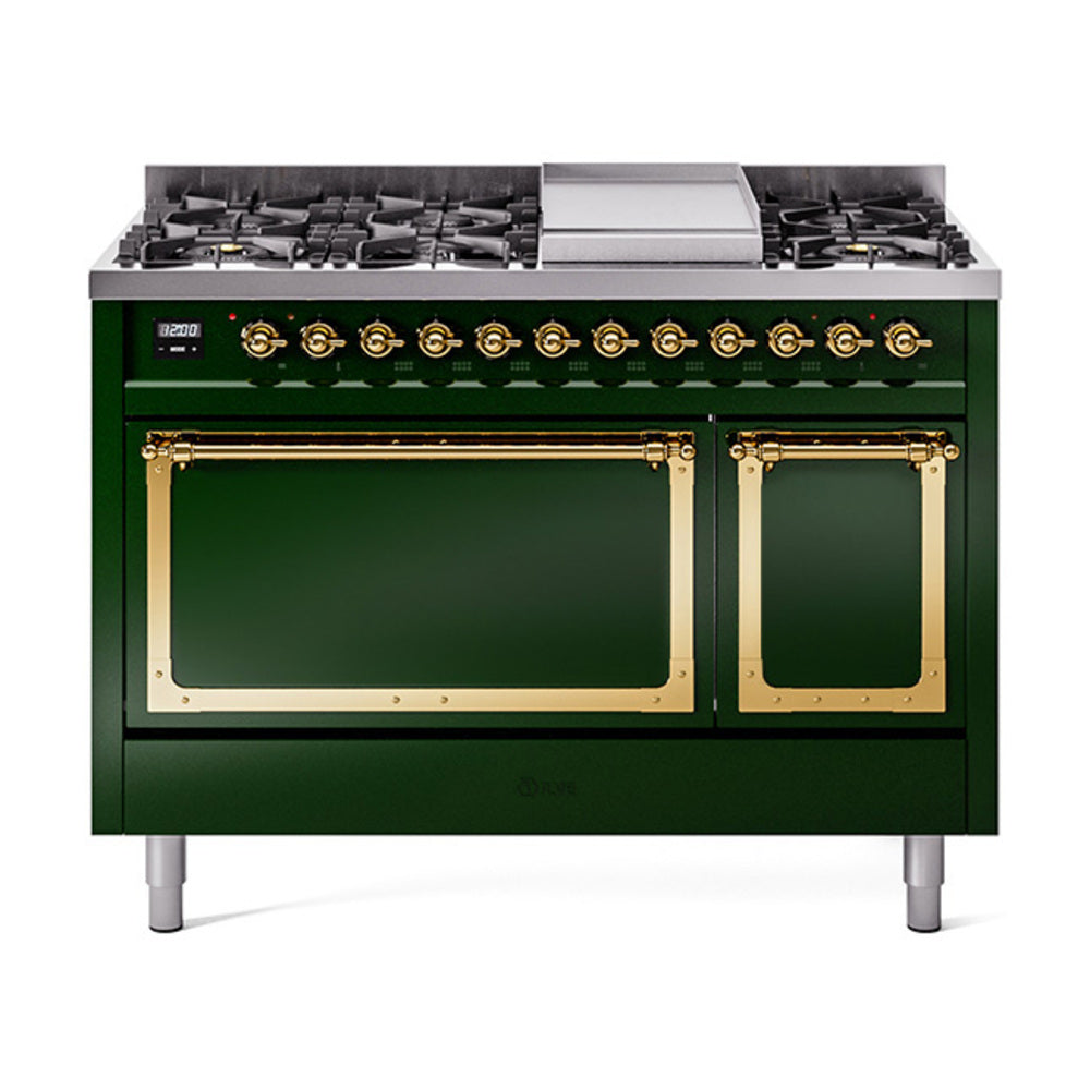 ILVE Nostalgie II Noblesse 48-Inch Freestanding Dual Fuel Range, Solid Door, Emerald Green with Brass Trim (UN48FQNMPEGGLP)