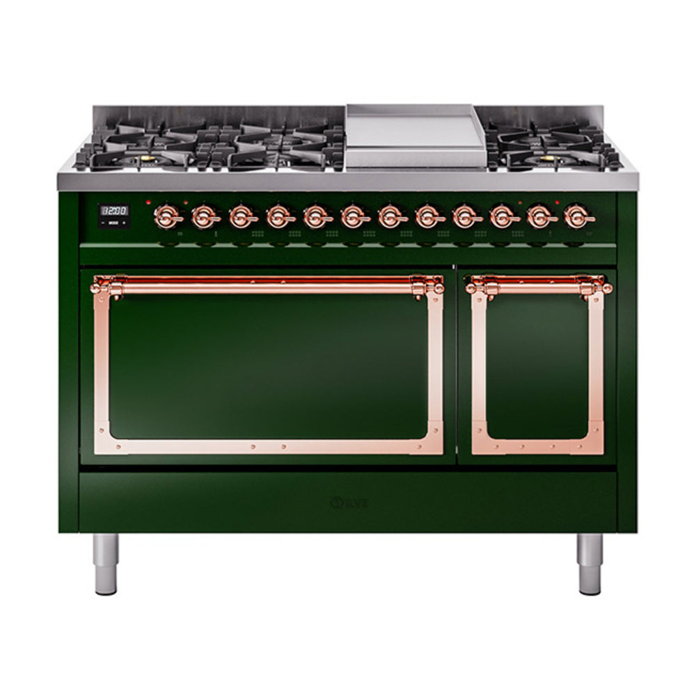 ILVE Nostalgie II Noblesse 48-Inch Freestanding Dual Fuel Range, Solid Door, Emerald Green with Copper Trim (UN48FQNMPEGPLP)