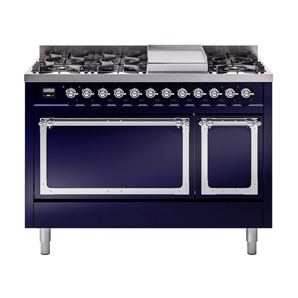 ILVE Nostalgie II Noblesse 48-Inch Freestanding Natural Gas Dual Fuel Range, Solid Door, Midnight Blue with Chrome Trim (UN48FQNMPMBC)