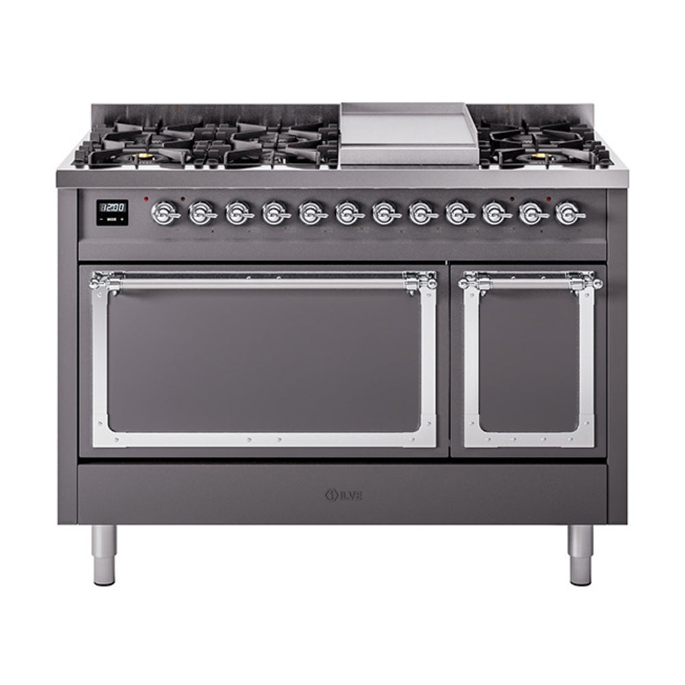 ILVE Nostalgie II Noblesse 48-Inch Freestanding Natural Gas Dual Fuel Range, Solid Door, Matte Graphite with Chrome Trim (UN48FQNMPMGC)