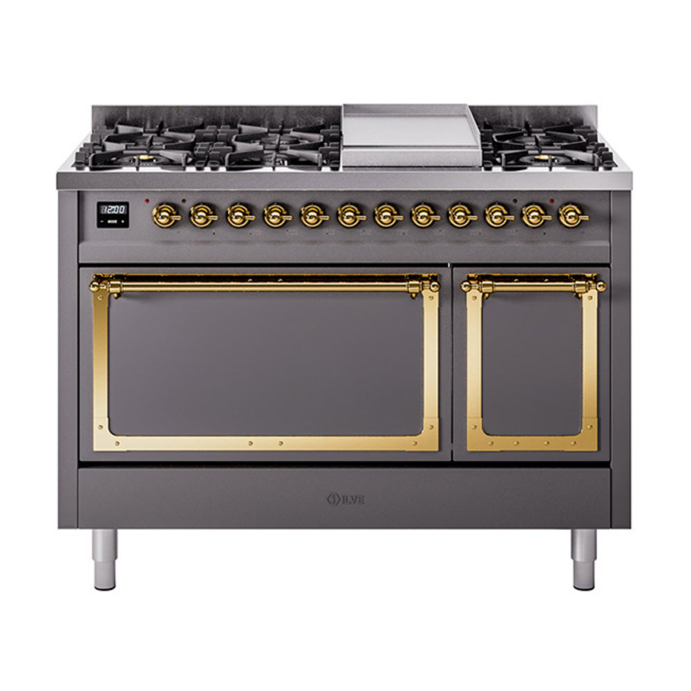 ILVE Nostalgie II Noblesse 48-Inch Freestanding Natural Gas Dual Fuel Range, Solid Door, Matte Graphite with Brass Trim (UN48FQNMPMGG)