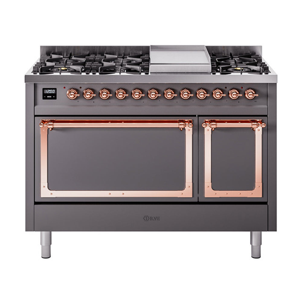 ILVE Nostalgie II Noblesse 48-Inch Freestanding Dual Fuel Range, Solid Door, Matte Graphite with Copper Trim (UN48FQNMPMGPLP)