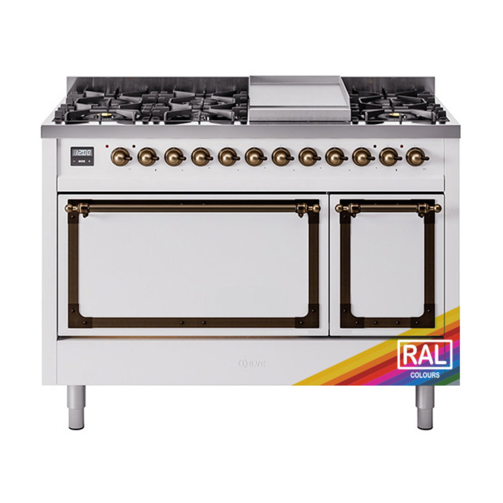 ILVE Nostalgie II Noblesse 48-Inch Freestanding Natural Gas Dual Fuel Range, Solid Door, Custom RAL with Burnished Bronze Trim (UN48FQNMPRAB)