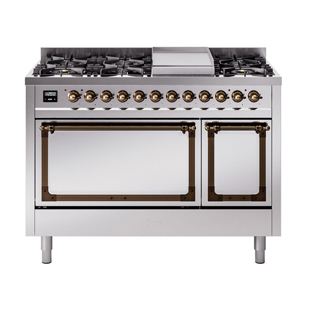 ILVE Nostalgie II Noblesse 48-Inch Freestanding Natural Gas Dual Fuel Range, Solid Door, Stainless Steel with Burnished Bronze Trim (UN48FQNMPSSB)