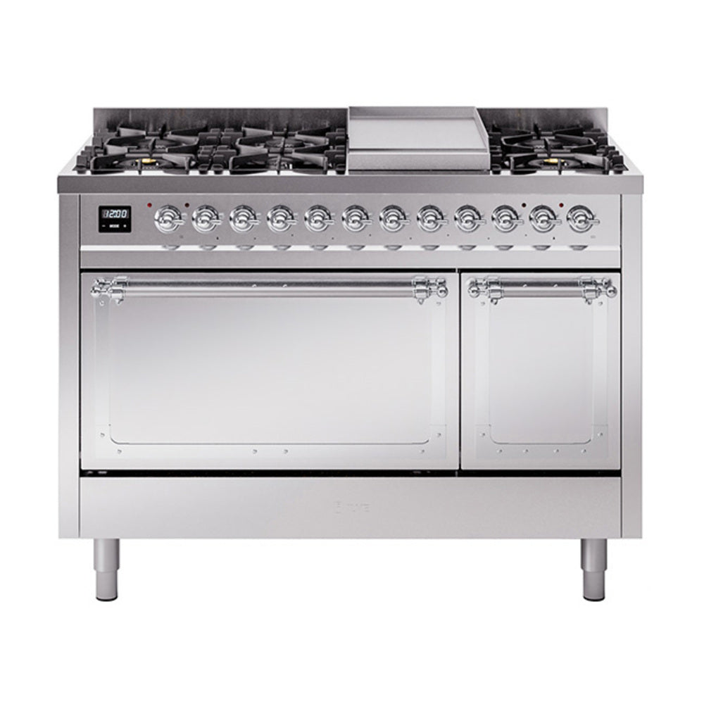 ILVE Nostalgie II Noblesse 48-Inch Freestanding Dual Fuel Range, Solid Door, Stainless Steel with Chrome Trim (UN48FQNMPSSCLP)