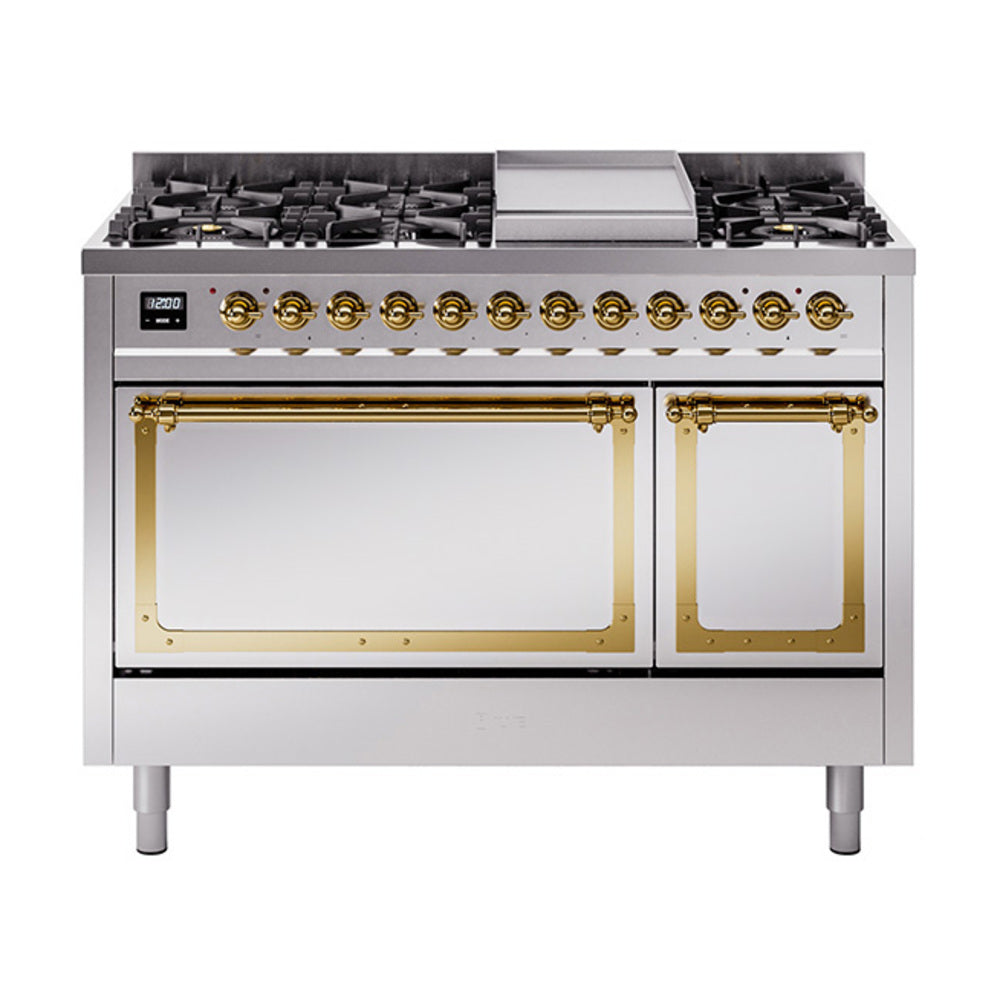 ILVE Nostalgie II Noblesse 48-Inch Freestanding Dual Fuel Range, Solid Door, Stainless Steel with Brass Trim (UN48FQNMPSSGLP)