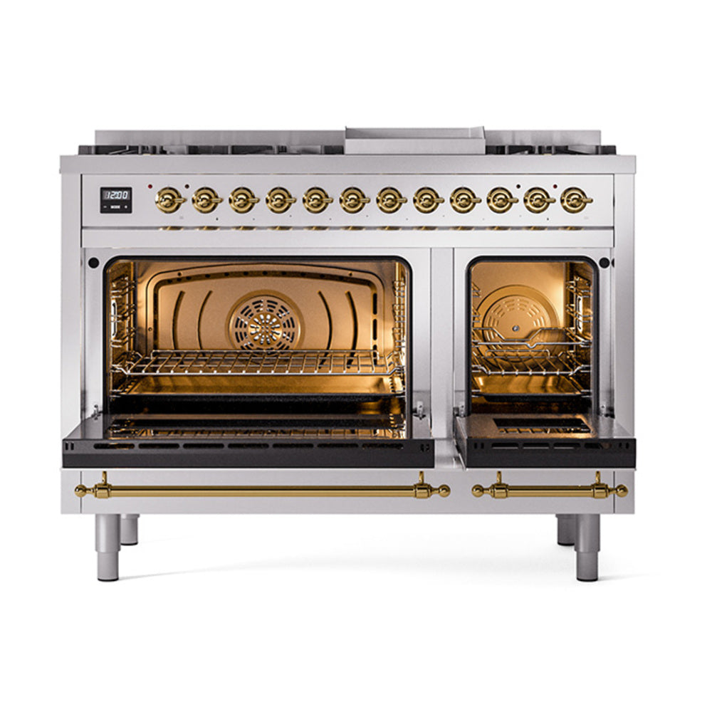 ILVE Nostalgie II Noblesse 48-Inch Freestanding Dual Fuel Range, Solid Door, Stainless Steel with Brass Trim (UN48FQNMPSSGLP)