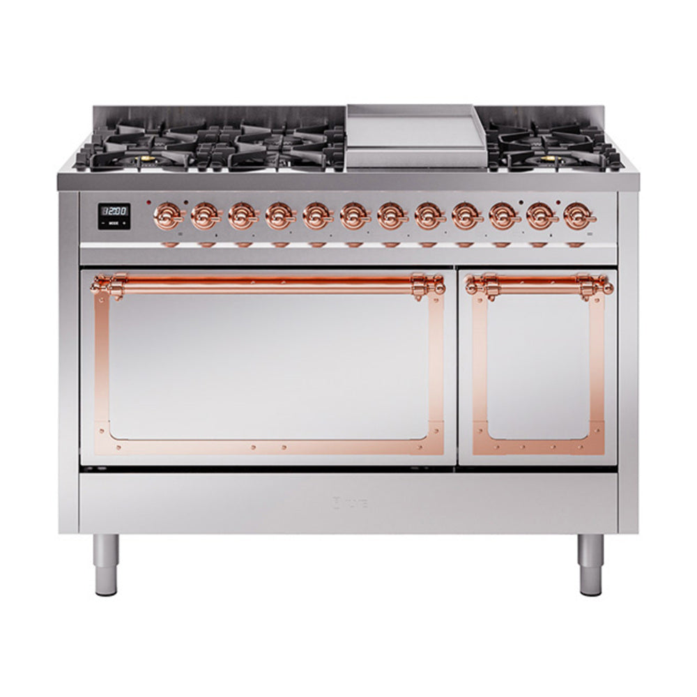 ILVE Nostalgie II Noblesse 48-Inch Freestanding Dual Fuel Range, Solid Door, Stainless Steel with Copper Trim (UN48FQNMPSSPLP)