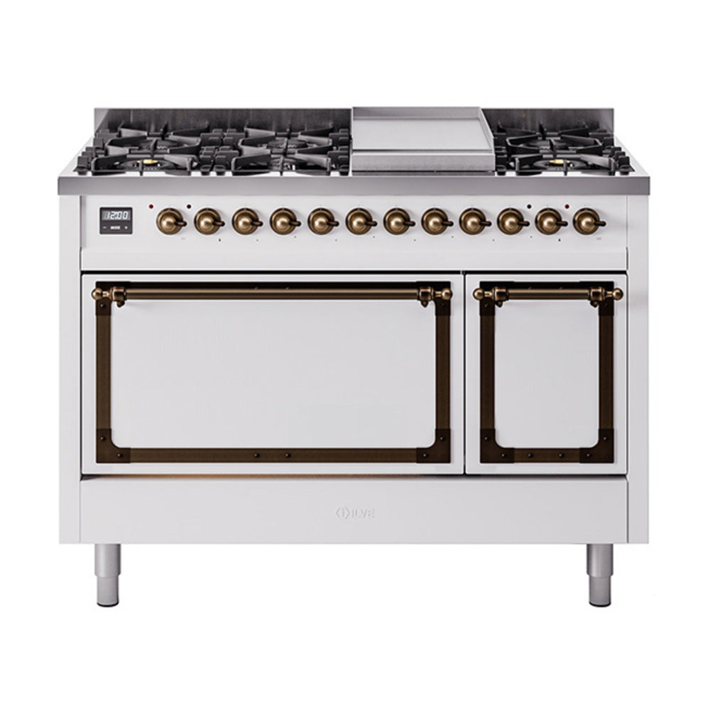ILVE Nostalgie II Noblesse 48-Inch Freestanding Natural Gas Dual Fuel Range, Solid Door, White with Burnished Bronze Trim (UN48FQNMPWHB)