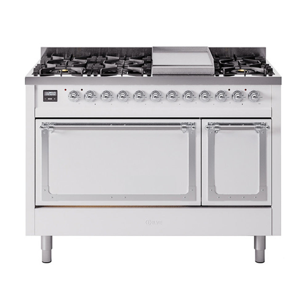 ILVE Nostalgie II Noblesse 48-Inch Freestanding Dual Fuel Range, Solid Door, White with Chrome Trim (UN48FQNMPWHCLP)