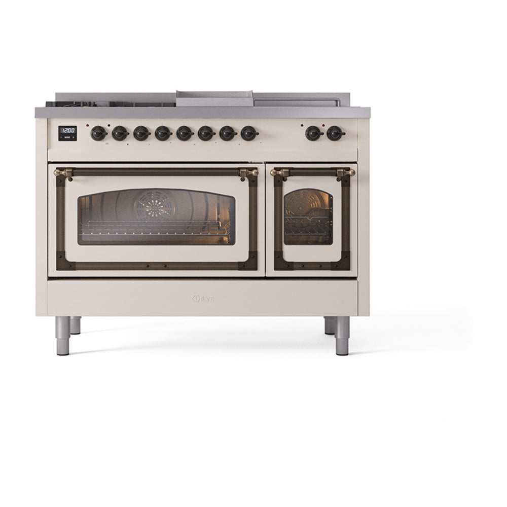 ILVE Nostalgie II Noblesse 48-Inch NG Dual Fuel Range, 5 Burners, Griddle, French Top, Antique White with Burnished Bronze Trim (UN48FSNMPAWB)