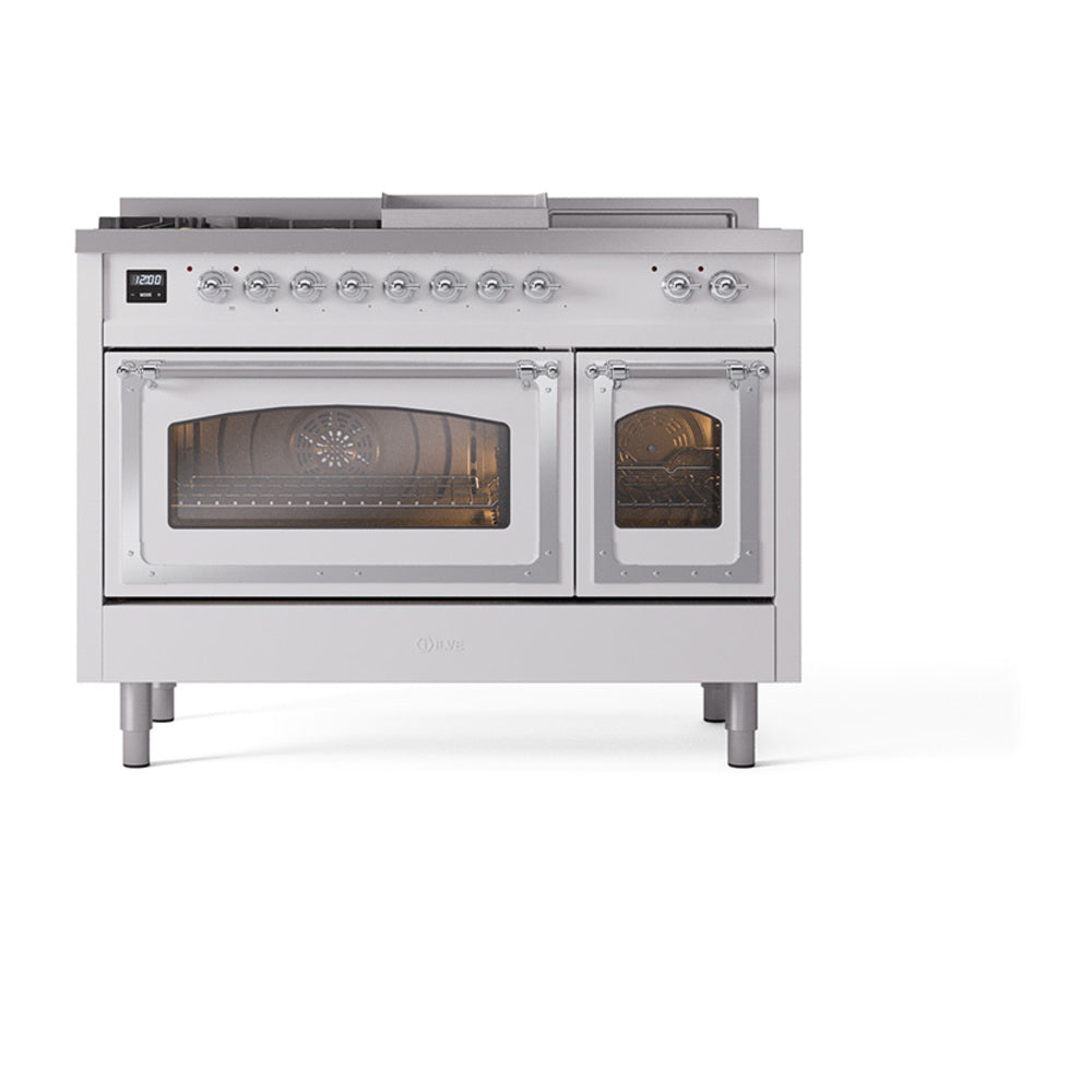 ILVE Nostalgie II Noblesse 48-Inch NG Dual Fuel Range, 5 Burners, Griddle, French Top, Custom RAL with Chrome Trim (UN48FSNMPRAC)