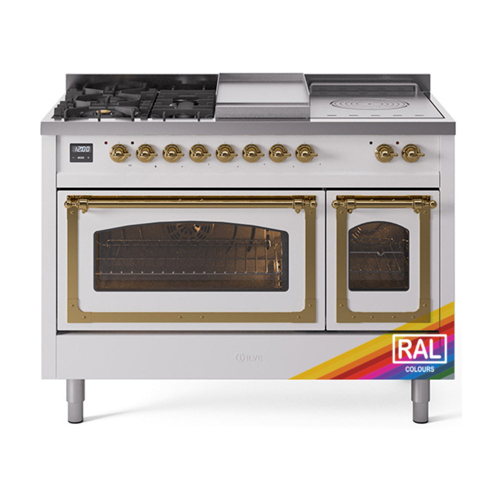 ILVE Nostalgie II Noblesse 48-Inch LP Dual Fuel Range, 5 Burners, Griddle, French Top, RAL with Brass Trim (UN48FSNMPRAGLP)
