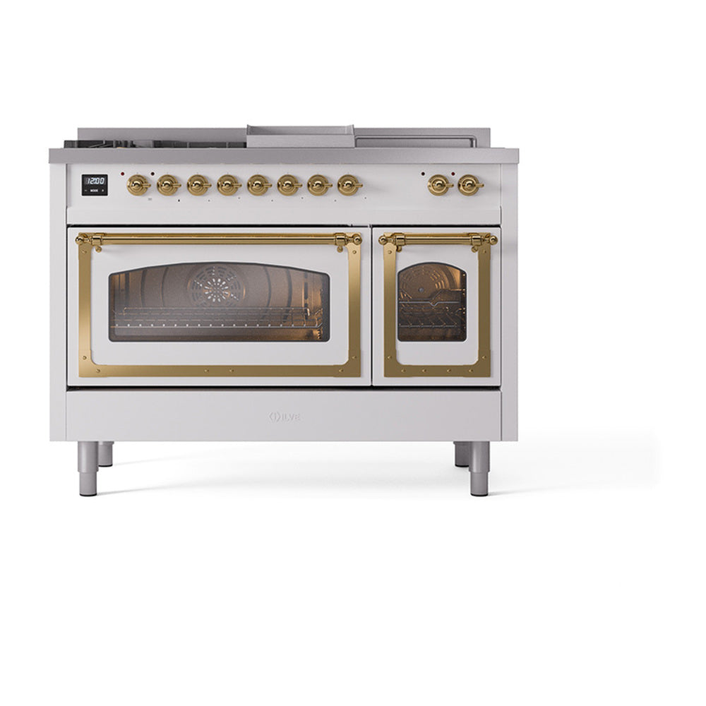 ILVE Nostalgie II Noblesse 48-Inch Dual Fuel Range, 5 Burners, Griddle, French Top, Triple Glass Door, Custom RAL with Brass Trim (UN48FSNMPRAG)