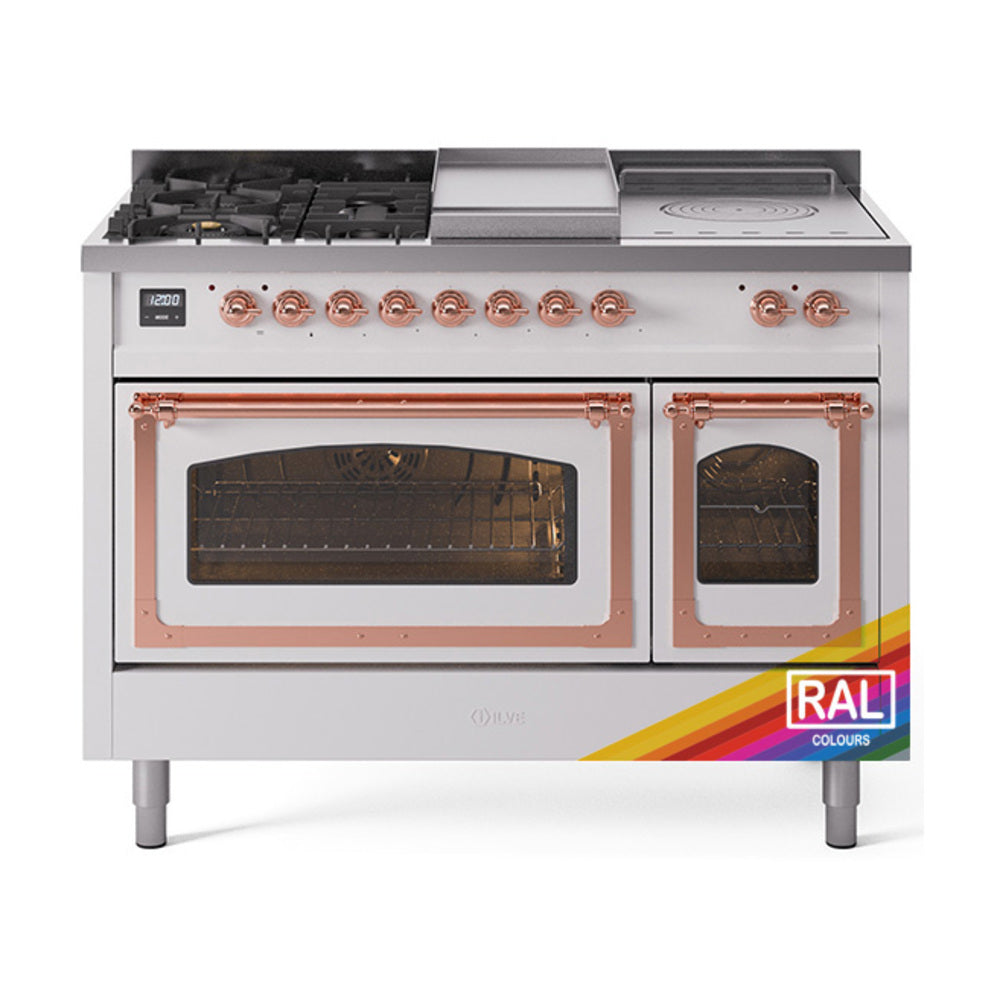 ILVE Nostalgie II Noblesse 48-Inch LP Dual Fuel Range, 5 Burners, Griddle, French Top, Custom RAL with Copper Trim (UN48FSNMPRAPLP)