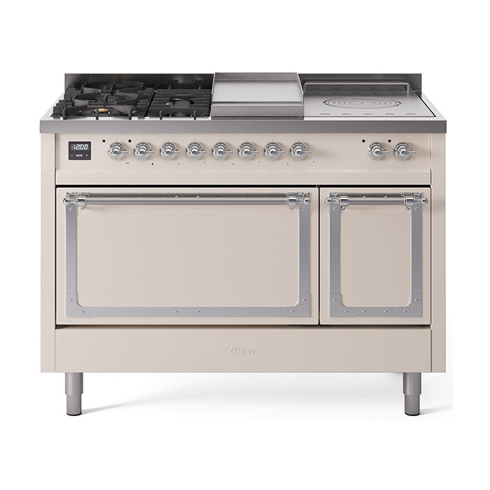 ILVE Nostalgie II Noblesse 48-Inch LP Dual Fuel Range, 5 Burners, Griddle, French Top, Solid Door, Antique White with Chrome Trim (UN48FSQNMPAWCLP)
