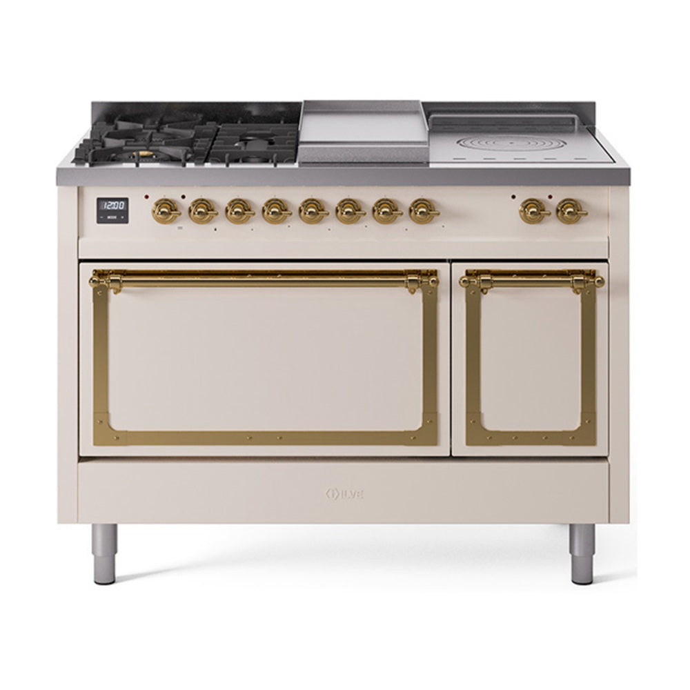 ILVE Nostalgie II Noblesse 48-Inch NG Dual Fuel Range, 5 Burners, Griddle, French Top, Solid Door, Antique White with Brass Trim (UN48FSQNMPAWG)