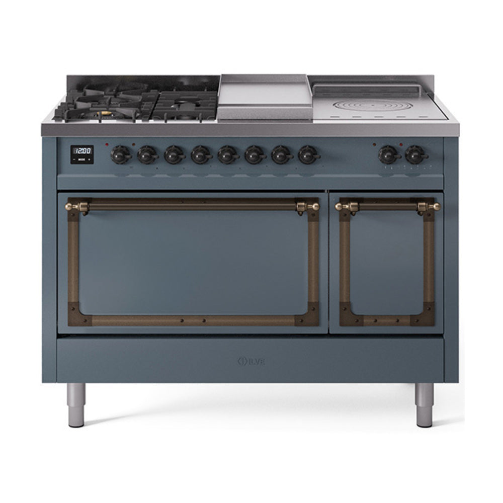 ILVE Nostalgie II Noblesse 48-Inch Dual Fuel Range, 5 Burners, Griddle, French Top, Blue Grey with Burnished Bronze Trim (UN48FSQNMPBGB)