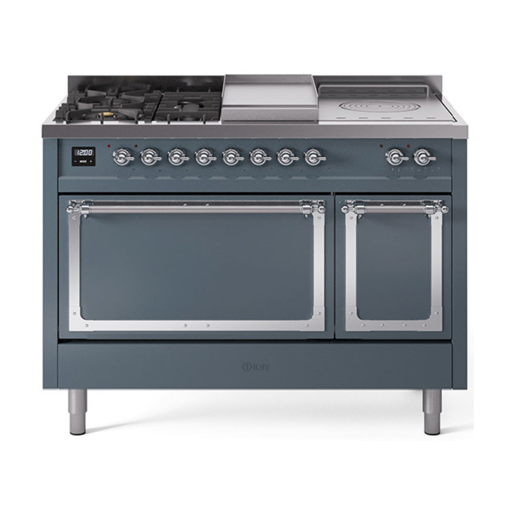 ILVE Nostalgie II Noblesse 48-Inch NG Dual Fuel Range, 5 Burners, Griddle, French Top, Solid Door, Blue Grey with Chrome Trim (UN48FSQNMPBGC)