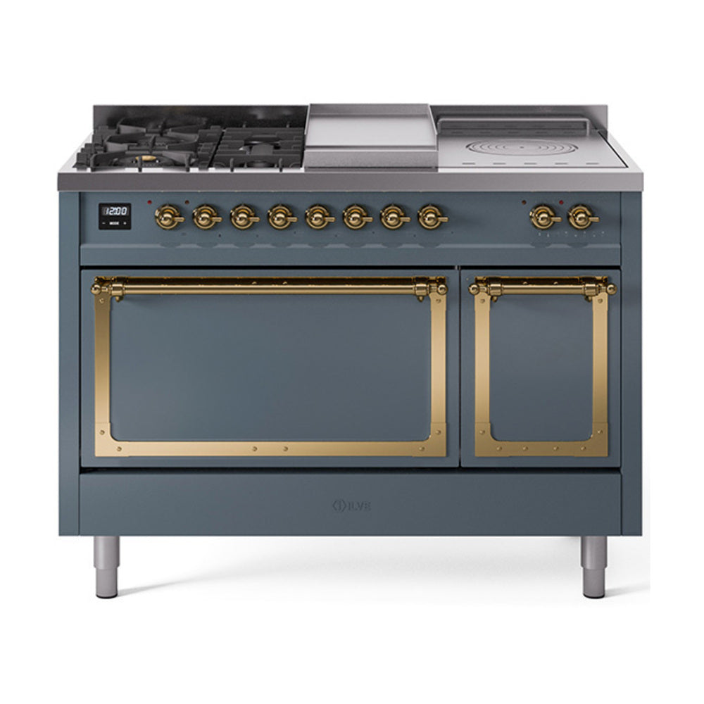 ILVE Nostalgie II Noblesse 48-Inch NG Dual Fuel Range, 5 Burners, Griddle, French Top, Solid Door, Blue Grey with Brass Trim (UN48FSQNMPBGG)