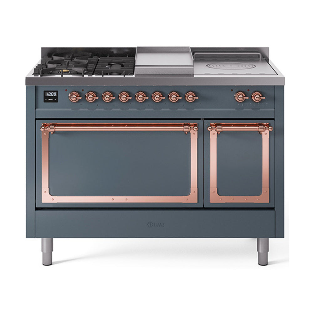 ILVE Nostalgie II Noblesse 48-Inch NG Dual Fuel Range, 5 Burners, Griddle, French Top, Solid Door, Blue Grey with Copper Trim (UN48FSQNMPBGP)