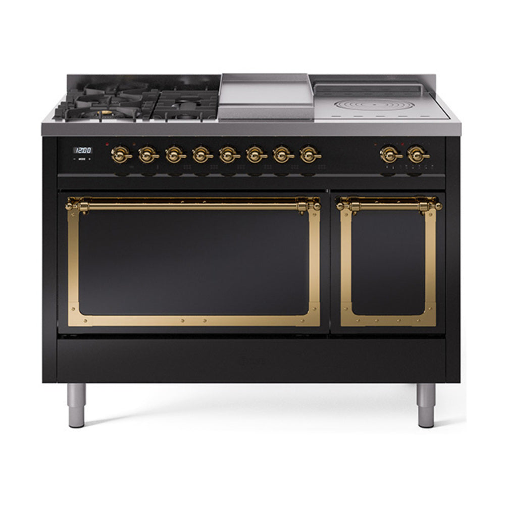 ILVE Nostalgie II Noblesse 48-Inch LP Dual Fuel Range, 5 Burners, Griddle, French Top, Glossy Black with Brass Trim (UN48FSQNMPBKGLP)