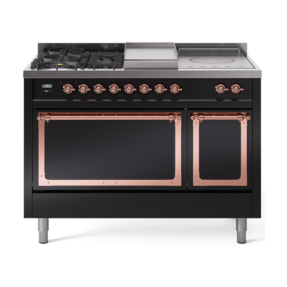 ILVE Nostalgie II Noblesse 48-Inch NG Dual Fuel Range, 5 Burners, Griddle, French Top, Solid Door, Glossy Black with Copper Trim (UN48FSQNMPBKP)