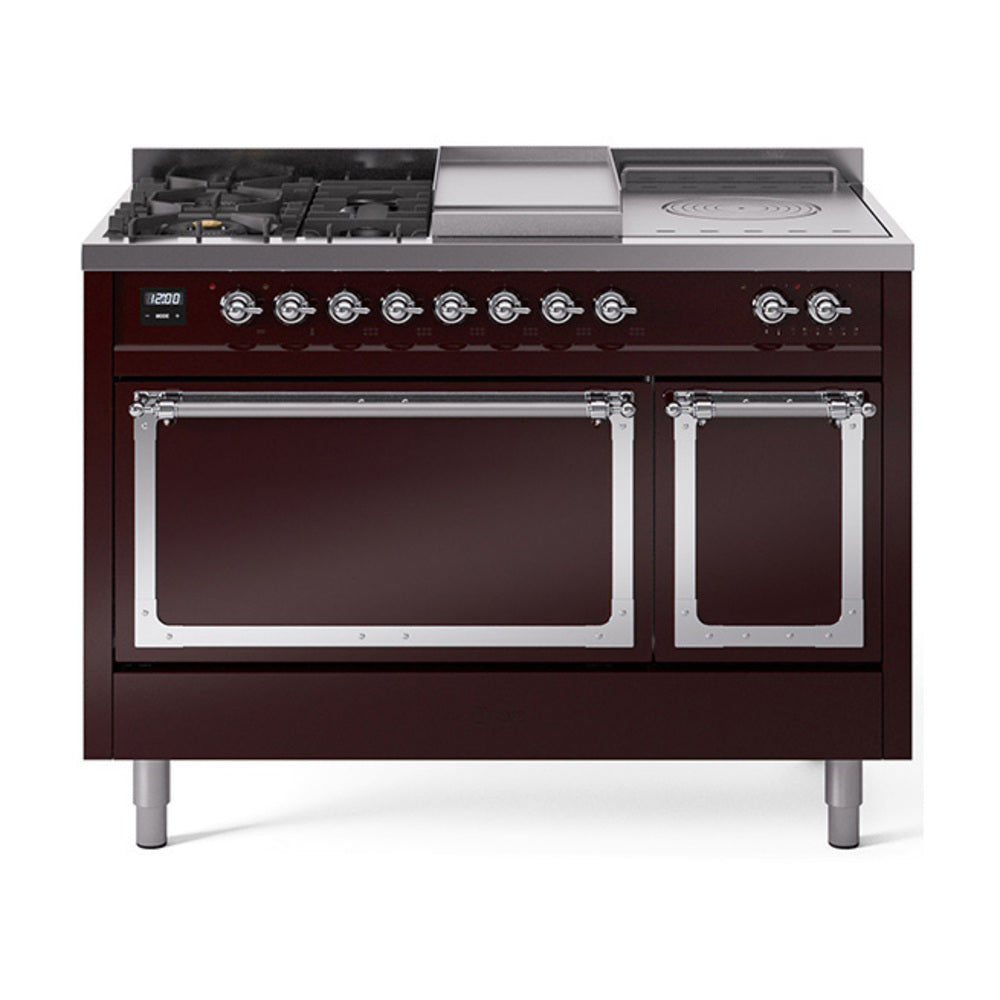 ILVE Nostalgie II Noblesse 48-Inch LP Dual Fuel Range, 5 Burners, Griddle, French Top, Burgundy with Chrome Trim (UN48FSQNMPBUCLP)