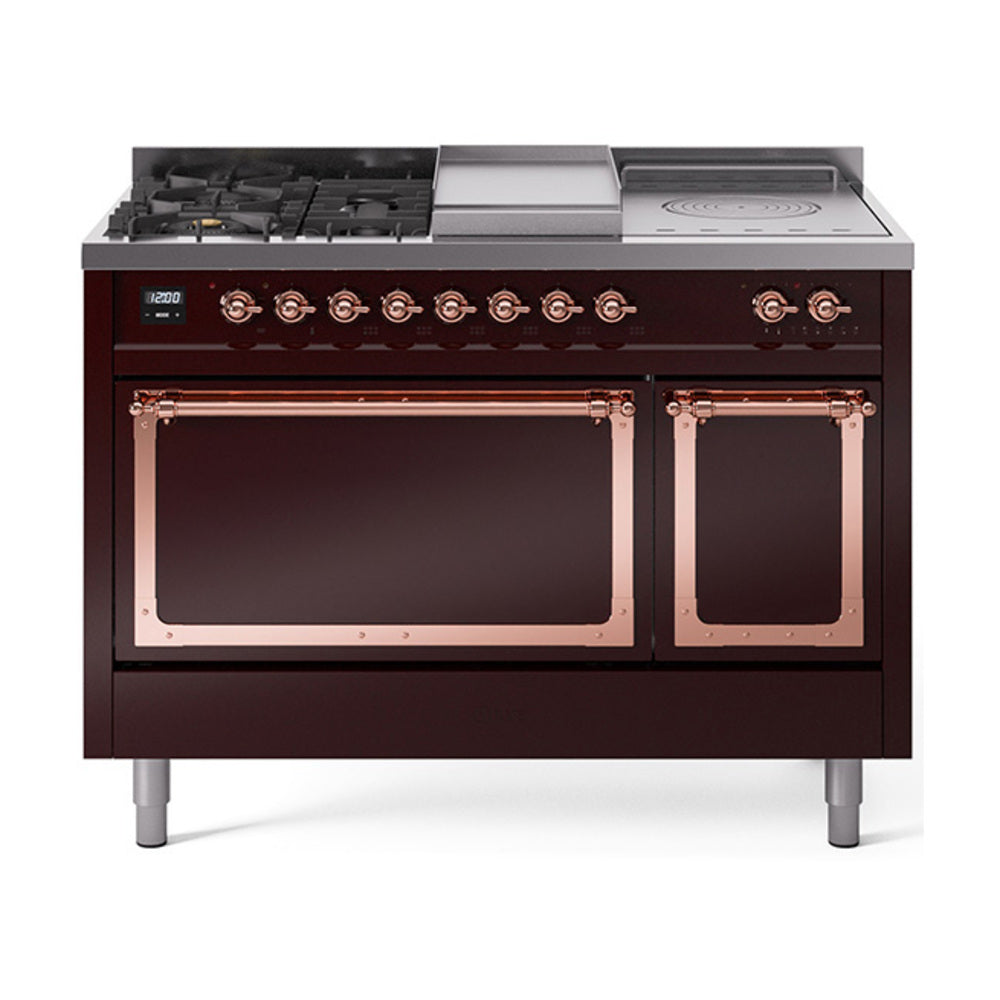 ILVE Nostalgie II Noblesse 48-Inch NG Dual Fuel Range, 5 Burners, Griddle, French Top, Solid Door, Burgundy with Copper Trim (UN48FSQNMPBUP)
