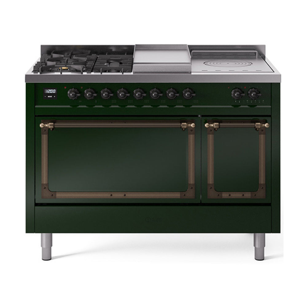 ILVE Nostalgie II Noblesse 48-Inch NG Dual Fuel Range, 5 Burners, Griddle, French Top, Emerald Green with Burnished Bronze Trim (UN48FSQNMPEGB)